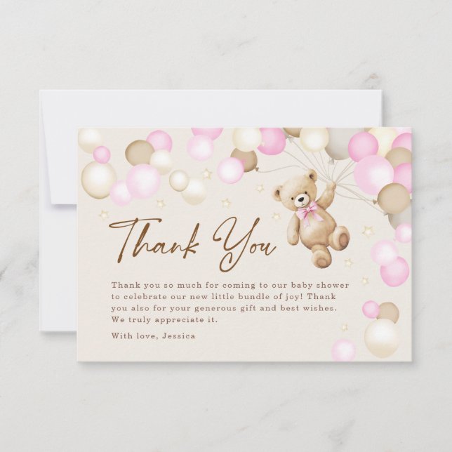 Teddy Bear Girl Baby Shower Thank You Card (Front)