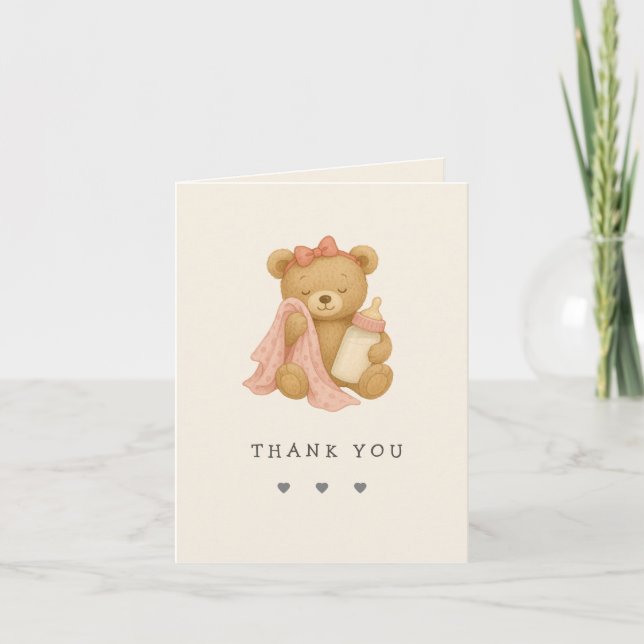 Teddy Bear Girl Baby Shower Thank You Card (Front)
