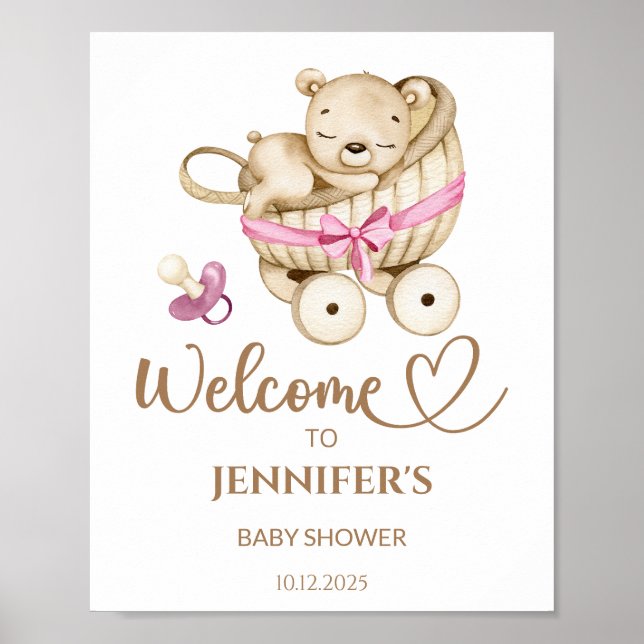 Teddy Bear girl baby shower welcome poster (Front)