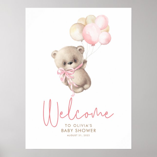 Teddy Bear Girl Baby Shower Welcome Sign (Front)
