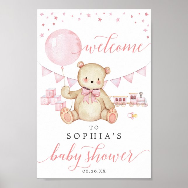 Teddy Bear Girl Baby Shower Welcome Sign (Front)