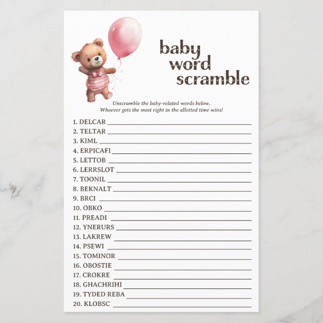 Teddy Bear Girl Baby Shower Word Scramble Game (Front)