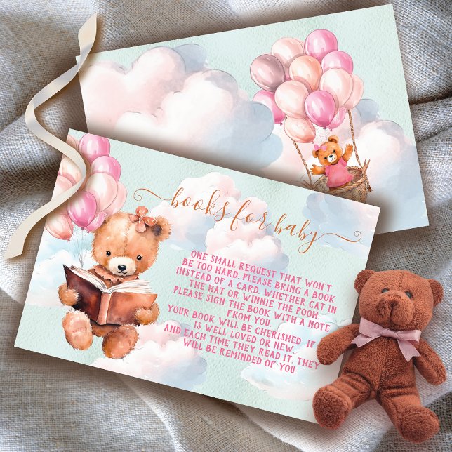 Teddy Bear Girl Balloon Books for Baby card (Matching invitations available!)