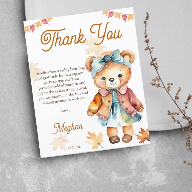 Teddy bear girl fall birthday party thank you card (Cute Teddy bear girls birthday party thank you cards cute teddy dressed in a dress and hair bow)