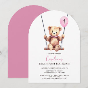 Teddy Bear Girl First Birthday Invitation