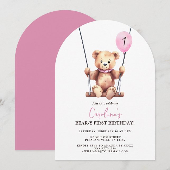 Teddy Bear Girl First Birthday Invitation (Front/Back)