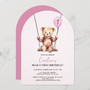 Teddy Bear Girl First Birthday Invitation