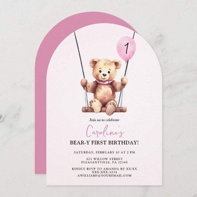 Teddy Bear Girl First Birthday Invitation (Front/Back)