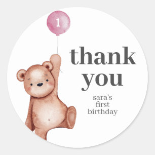 Teddy Bear Girl First Birthday Party Favour Classic Round Sticker