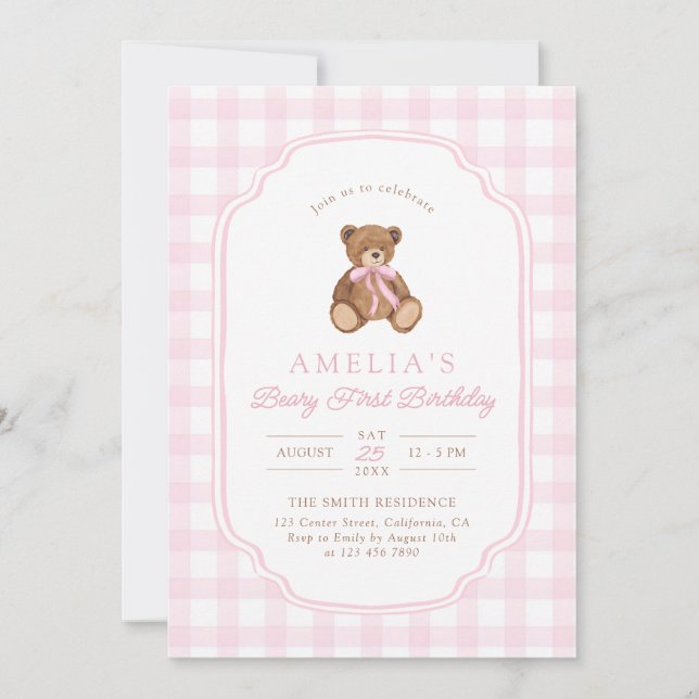 Teddy Bear Girl First Birthday Party Invitation (Front)