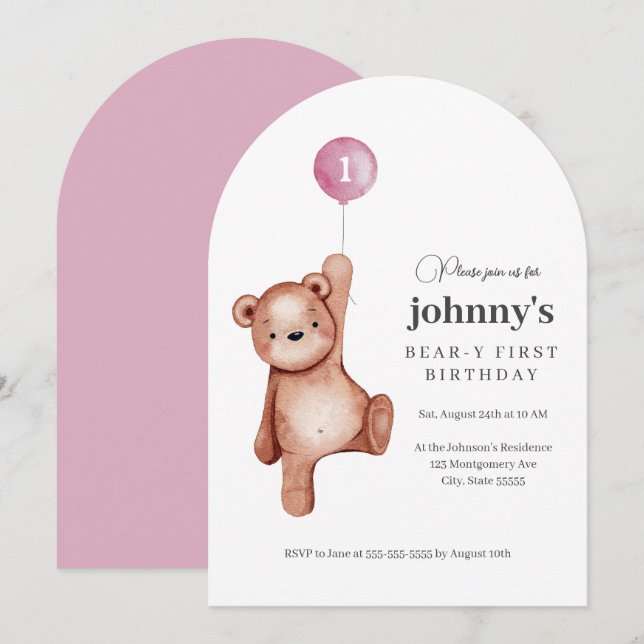 Teddy Bear Girl First Birthday Party Invitation (Front/Back)