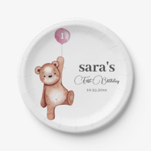 Teddy Bear Girl First Birthday Party Paper Plate
