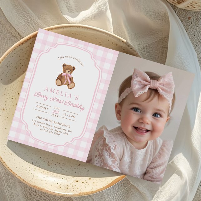 Teddy Bear Girl First Birthday Party Photo Invitation (Creator Uploaded)