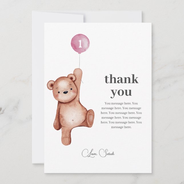 Teddy Bear Girl First Birthday Thank You Card (Front)
