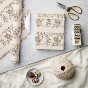 Teddy Bear Girl Floral Greenery Baby Shower Wrapping Paper