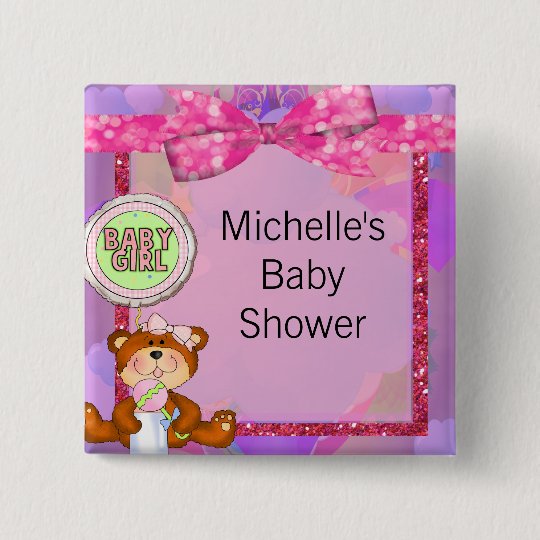 Teddy Bear Girl Glitter Sparkle Baby Shower 15 Cm Square Badge
