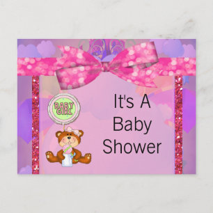 Teddy Bear Girl Glitter Sparkle Baby Shower Invitation Postcard