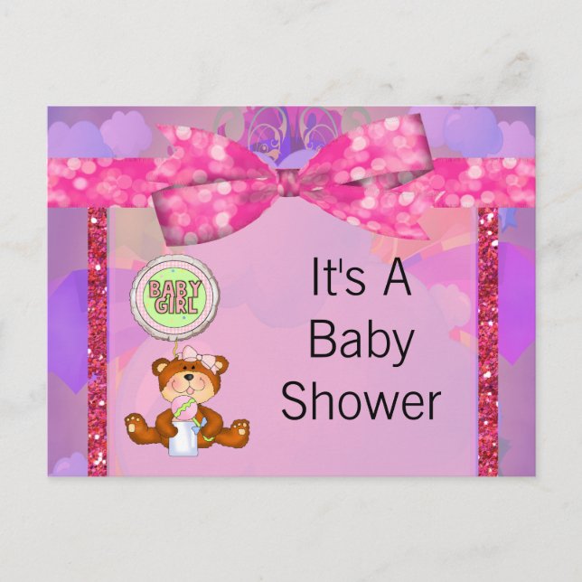Teddy Bear Girl Glitter Sparkle Baby Shower Invitation Postcard (Front)
