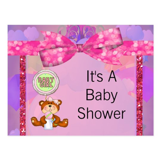 Teddy Bear Girl Glitter Sparkle Baby Shower Postcard