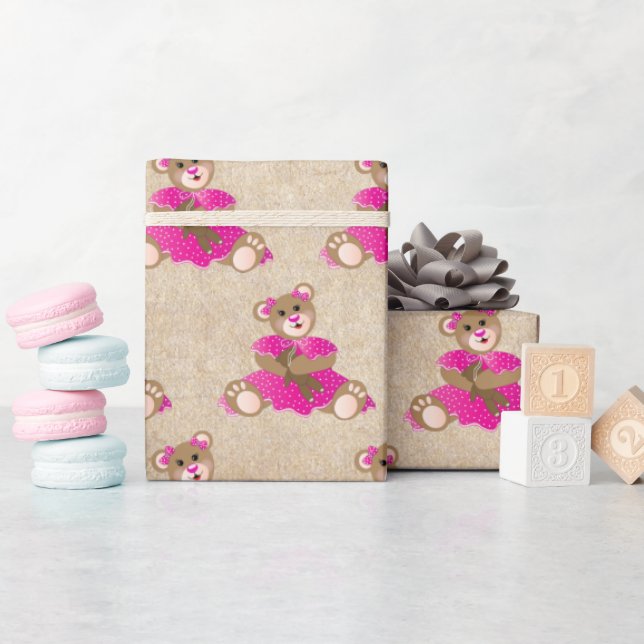 Teddy Bear Girl Holding Baby Bear Pink Dress Wrapping Paper (Baby Shower)