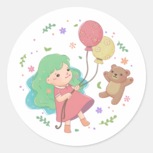 Teddy Bear & Girl Illustration Classic Round Sticker