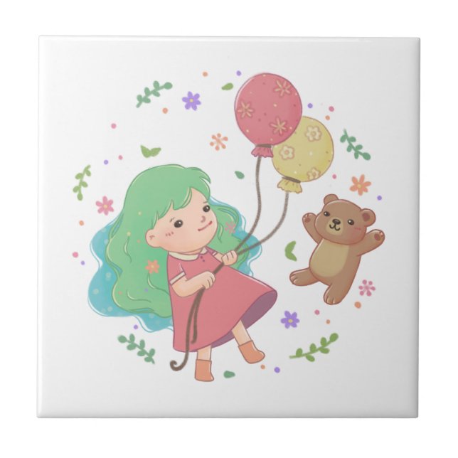 Teddy Bear & Girl Illustration Tile (Front)