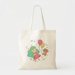 Teddy Bear & Girl Illustration Tote Bag