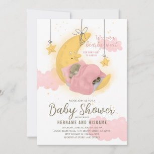 Teddy Bear Girl Moon Stars Blush Pink Baby Shower Invitation