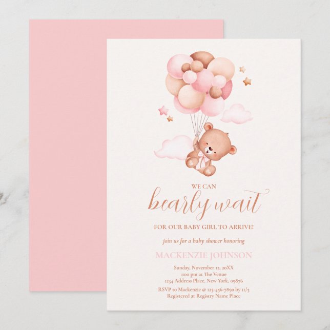 Teddy Bear Girl Pink Bearly Wait Baby Shower Invitation (Front/Back)