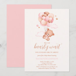 Teddy Bear Girl Pink Bearly Wait Baby Shower Invitation