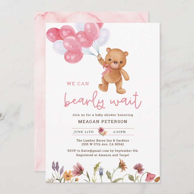 Teddy Bear Girl We Can Bearly Wait Baby Shower Invitation (Front/Back)