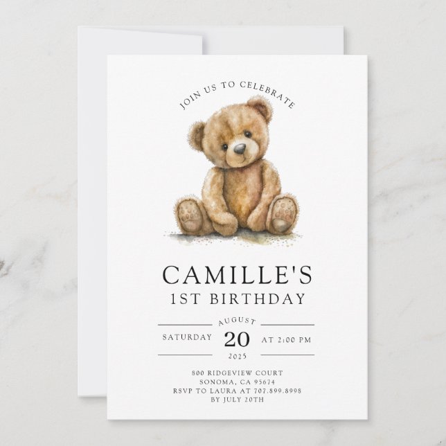 Teddy Bear Girl's 1st Birthday Invitation (Front)