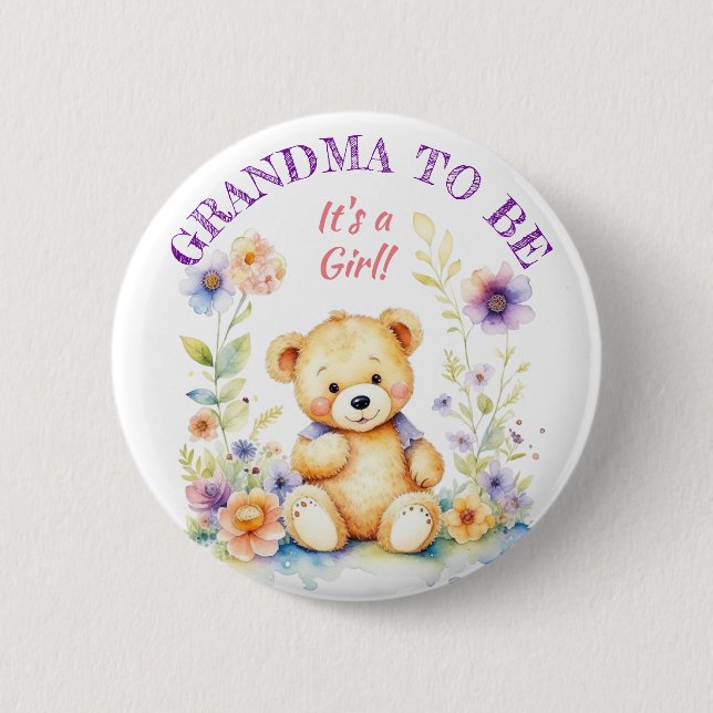 Teddy Bear Girl's Baby Shower Grandma to Be 6 Cm Round Badge (Front)