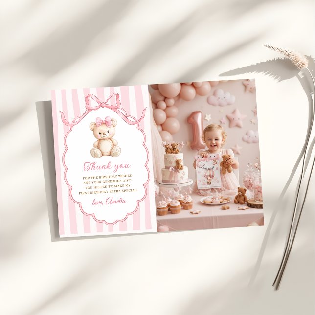 Teddy Bear Girls Pink Bow Stripes 1st Birthday Thank You Card (Creator Uploaded)