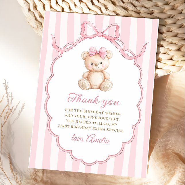 Teddy Bear Girls Pink Bow Stripes 1st Birthday Thank You Card (Creator Uploaded)