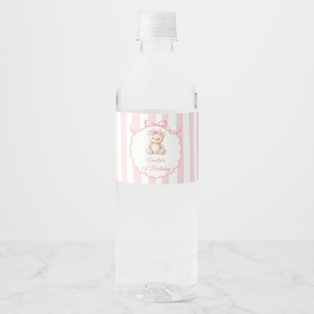 Teddy Bear Girls Pink Bow Stripes 1st Birthday Water Bottle Label (Front)