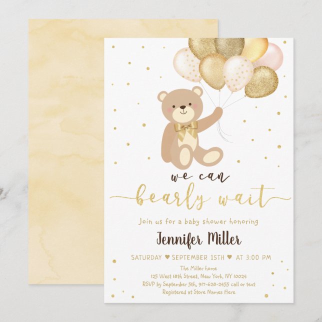 Teddy Bear Gold Balloon Gender Neutral Baby Shower Invitation (Front/Back)