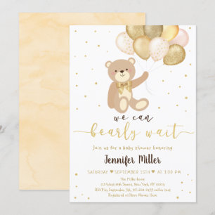 Teddy Bear Gold Balloon Gender Neutral Baby Shower Invitation