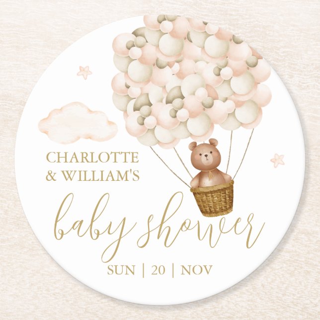 Teddy Bear Gold Balloons Girl Baby Shower Round Paper Coaster (Front)