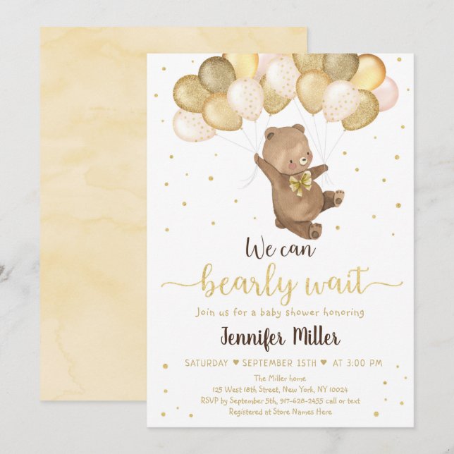 Teddy Bear Gold Balloons Neutral Baby Shower Invit Invitation (Front/Back)