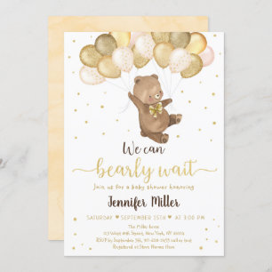 Teddy Bear Gold Balloons Neutral Baby Shower Invit Invitation