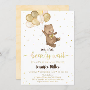 Teddy Bear Gold Balloons Neutral Baby Shower Invitation