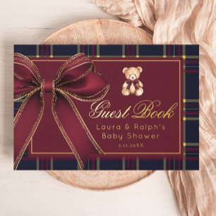 Teddy Bear Gold Bow Classic Plaid Baby Shower Guest Book
