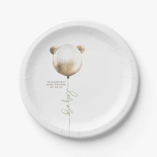 Teddy Bear Gold Glitter Balloon Cute Baby Shower Paper Plate (Front)