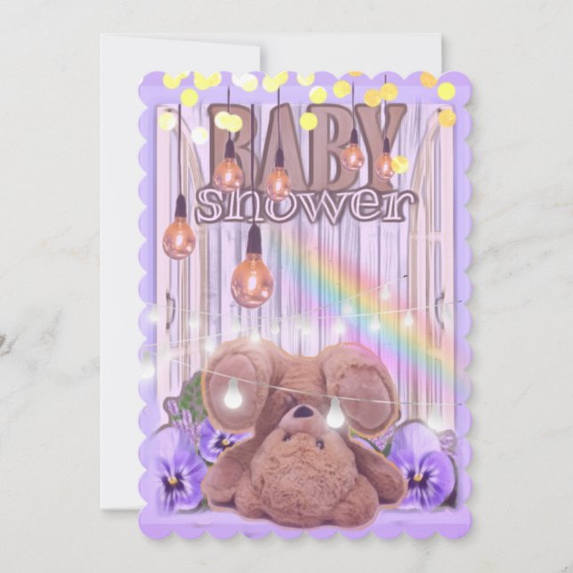 Teddy bear gold glitter lights purple baby shower invitation (Front)