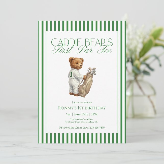 Teddy Bear Golf 1st Birthday Party Caddie Bear Invitation (Standing Front)