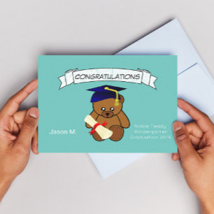 teddy bear graduation in neon light teal postcard