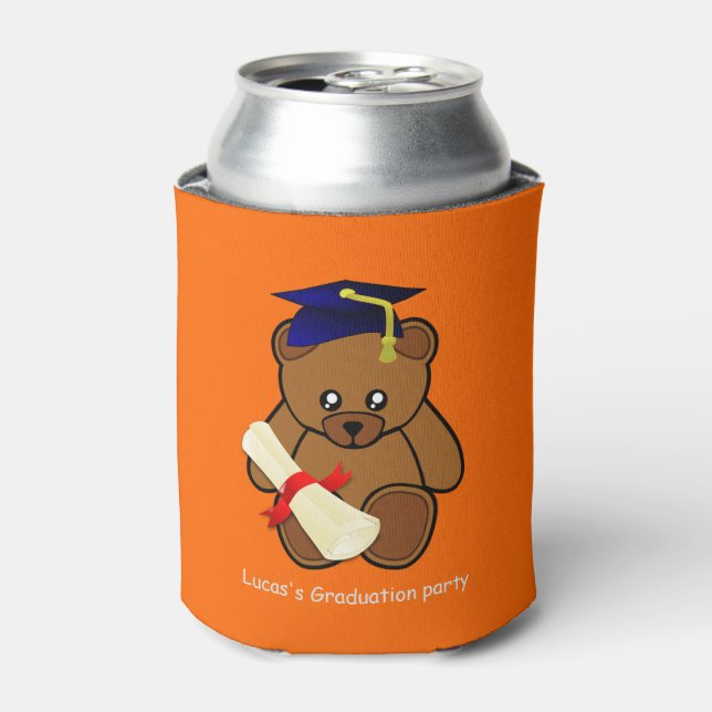 teddy bear graduation in neon  orange can cooler (Can Front)