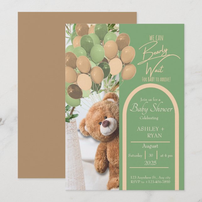 Teddy Bear Green and Brown Baby Shower Invitation (Front/Back)