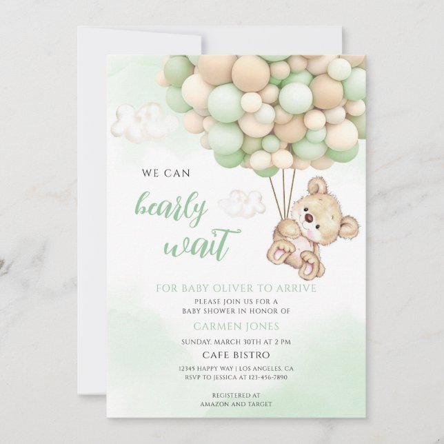 Teddy Bear Green Baby Shower Invitation (Front)